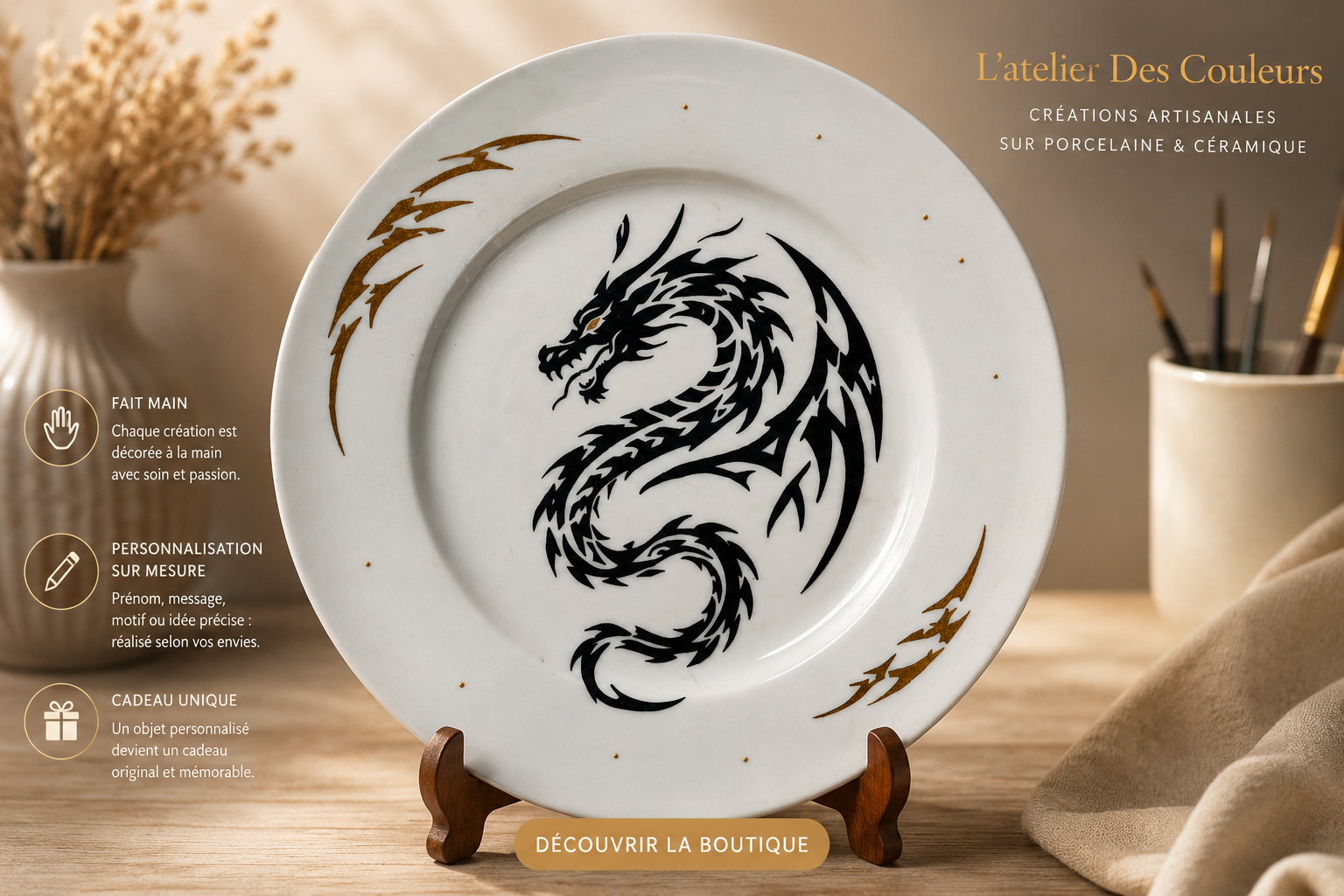 Assiette dragon noir et doré